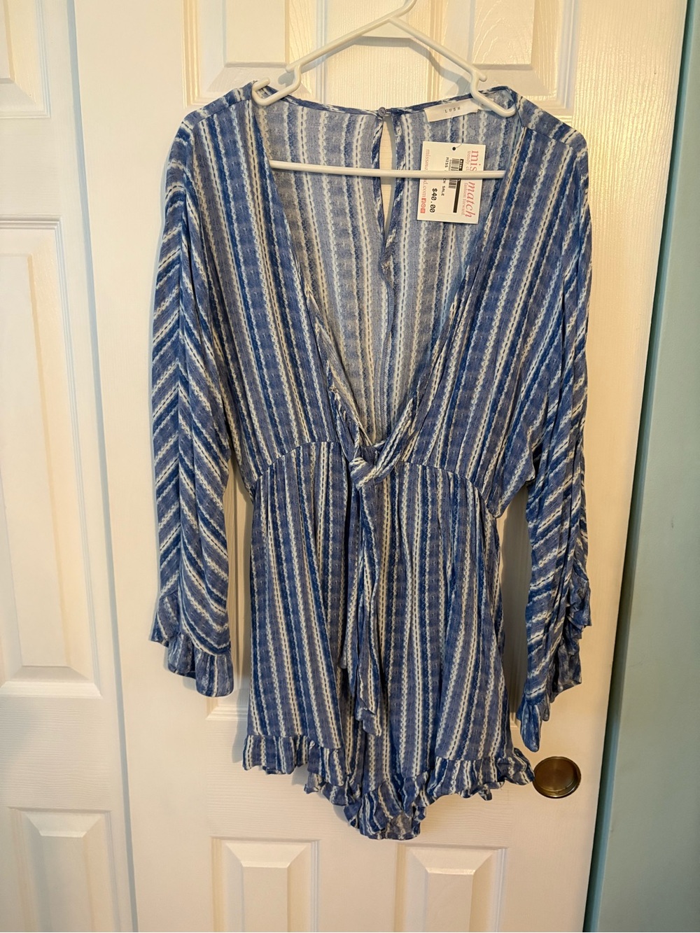 LUSH Blue & White Textured Striped V-Neck Romper